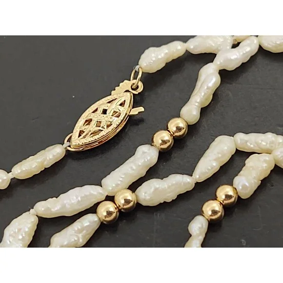 Vintage Freshwater Rice Pearl Necklace 17" w/ 14K Gold Bead Spacers & Clasp - Picture 4 of 12